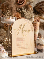TABLE DECOR SIGNS Wood Eco Rustic Table numbers Rustic Wooden Arch Dessert Menu with Stand, Country Barn Wood Acrylic gold Candy Bar Sign, Natural Wood Gold Plexi Table Dessert Menu Wedding Table Decor, Wedding Signage Golden mirror and Wooden Candy Bar Menu 10