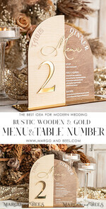 TABLE DECOR SIGNS Wood Eco Rustic Table numbers Rustic Wooden Arch Table Number & dinner menu Combo, Wood & Acrylic gold Sign, Gold Barn Plexi Table Numbers & Menu Combo Rustic Boho Wedding Table Decor, Wedding Signage Golden mirror table numbers & Menu16