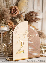 TABLE DECOR SIGNS Wood Eco Rustic Table numbers Rustic Wooden Arch Table Number & dinner menu Combo, Wood & Acrylic gold Sign, Gold Barn Plexi Table Numbers & Menu Combo Rustic Boho Wedding Table Decor, Wedding Signage Golden mirror table numbers & Menu16
