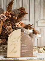 TABLE DECOR SIGNS Wood Eco Rustic Table numbers Rustic Wooden Arch Table Number & dinner menu Combo, Wood & Acrylic gold Sign, Gold Barn Plexi Table Numbers & Menu Combo Rustic Boho Wedding Table Decor, Wedding Signage Golden mirror table numbers & Menu16