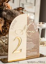 TABLE DECOR SIGNS Wood Eco Rustic Table numbers Rustic Wooden Arch Table Number & dinner menu Combo, Wood & Acrylic gold Sign, Gold Barn Plexi Table Numbers & Menu Combo Rustic Boho Wedding Table Decor, Wedding Signage Golden mirror table numbers & Menu16