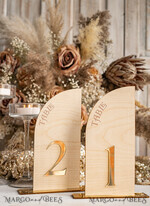 TABLE DECOR SIGNS Wood Eco Rustic Table numbers Rustic Wood Half Arch Wedding Table Numbers, Wooden Gold Plexi Table Numbers, Country Barn Wedding Table Decor, Wedding Signage Wood Golden mirror table numbers25