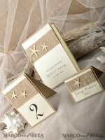PLATZKARTEN / TISCHKARTEN  
 Strand-/Marin-/Destination Hochzeits Thema Marine Hochzeitsplatzkarte mit Seestern und natürlichem Jute, elfenbeinfarben und braun elegant Marine Namensschilder für Ihre Hochzeitstische, zarte weiße Hochzeitsplatzkarten.4
