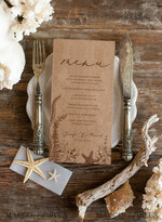 MENÜ & PROGRAMME  
 Strand Romantisches Meer-Ozean-Hochzeitsmenü, Zielhochzeitsmenü mit Vellum-Bauchband und Seestern, Meeres-Menükarten, Strandhochzeitsmenü, einzigartiges Muschel-Hochzeitsmenü.2