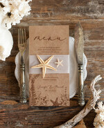 MENÜ & PROGRAMME  
 Strand Romantisches Meer-Ozean-Hochzeitsmenü, Zielhochzeitsmenü mit Vellum-Bauchband und Seestern, Meeres-Menükarten, Strandhochzeitsmenü, einzigartiges Muschel-Hochzeitsmenü.2