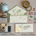 SAVE THE DATES beach travel magnets Sage green  golden airplane magnet Save The Date Cards  boardingpass travel airplane save the dates destination wedding magnets13