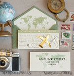 SAVE THE DATES beach travel magnets Sage green  golden airplane magnet Save The Date Cards  boardingpass travel airplane save the dates destination wedding magnets13