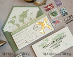 SAVE THE DATES beach travel magnets Sage green  golden airplane magnet Save The Date Cards  boardingpass travel airplane save the dates destination wedding magnets13
