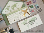 SAVE THE DATES beach travel magnets Sage green  golden airplane magnet Save The Date Cards  boardingpass travel airplane save the dates destination wedding magnets13