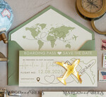 SAVE THE DATES beach travel magnets Sage green  golden airplane magnet Save The Date Cards  boardingpass travel airplane save the dates destination wedding magnets13