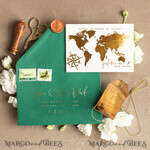 SAVE THE DATES beach travel magnets Personalised Travel Save the Date Acrylic gold Tag Magnet and Card, Gold dark green Luggage Tag Wedding Save The Dates Acrylic Magnets,  Save The Date Cards4
