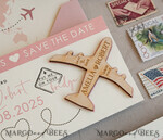 SAVE THE DATES beach travel magnets Blush Pink Wooden airplane magnet Save The Date Cards  boardingpass travel airplane save the dates destination wedding magnets9