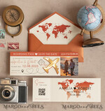 SAVE THE DATES beach travel magnets Terracotta golden airplane magnet with photo Save The Date Cards  boardingpass travel airplane save the dates destination wedding magnets14