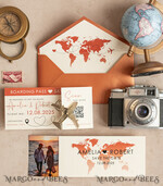 SAVE THE DATES beach travel magnets Terracotta golden airplane magnet with photo Save The Date Cards  boardingpass travel airplane save the dates destination wedding magnets14
