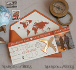 SAVE THE DATES beach travel magnets Terracotta golden airplane magnet with photo Save The Date Cards  boardingpass travel airplane save the dates destination wedding magnets14