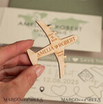 SAVE THE DATES beach travel magnets Sage green Wooden airplane magnet Save The Date Cards with photo boardingpass travel airplane save the dates destination wedding magnets15