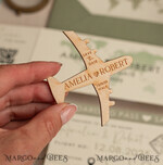 SAVE THE DATES beach travel magnets Sage green Wooden airplane magnet Save The Date Cards with photo boardingpass travel airplane save the dates destination wedding magnets15
