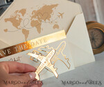 SAVE THE DATES beach travel magnets Ivory golden airplane magnet Save The Date Cards  boardingpass travel airplane save the dates destination wedding magnets16