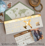 SAVE THE DATES beach travel magnets Sage green golden airplane magnet Save The Date Cards with Photo  boardingpass travel airplane save the dates destination wedding magnets19