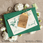 SAVE THE DATES beach travel magnets Personalised Travel Save the Date Acrylic Tag Magnet and Card, Gold dark green Luggage Tag Wedding Save The Dates Acrylic Magnets, Save The Date Cards4