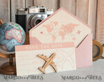 SAVE THE DATES beach travel magnets Blush Pink Wooden airplane magnet Save The Date Cards  boardingpass travel airplane save the dates destination wedding magnets10