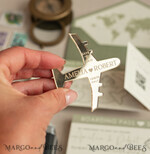SAVE THE DATES beach travel magnets Sage green golden airplane magnet Save The Date Cards with photo boardingpass travel airplane save the dates destination wedding magnets16