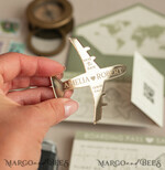 SAVE THE DATES beach travel magnets Sage green golden airplane magnet Save The Date Cards with photo boardingpass travel airplane save the dates destination wedding magnets16
