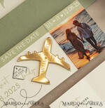 SAVE THE DATES beach travel magnets Sage green golden airplane magnet Save The Date Cards with photo boardingpass travel airplane save the dates destination wedding magnets16