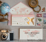 SAVE THE DATES beach travel magnets Pink Blush  golden airplane magnet Save The Date Cards  boardingpass travel airplane save the dates destination wedding magnets12