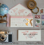 SAVE THE DATES beach travel magnets Pink Blush  golden airplane magnet Save The Date Cards  boardingpass travel airplane save the dates destination wedding magnets12