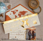 SAVE THE DATES beach travel magnets Terracotta  golden airplane magnet Save The Date Cards with photo  boardingpass travel airplane save the dates destination wedding magnets16