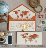 SAVE THE DATES beach travel magnets Terracotta golden airplane magnet Save The Date Cards  boardingpass travel airplane save the dates destination wedding magnets10