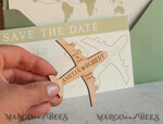 SAVE THE DATES beach travel magnets Sage green  Wooden airplane magnet Save The Date Cards  boardingpass travel airplane save the dates destination wedding magnets9