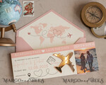 SAVE THE DATES beach travel magnets Pink Blush  golden airplane magnet Save The Date Cards with Photo boardingpass travel airplane save the dates destination wedding magnets12