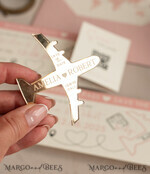 SAVE THE DATES beach travel magnets Pink Blush  golden airplane magnet Save The Date Cards with Photo boardingpass travel airplane save the dates destination wedding magnets12