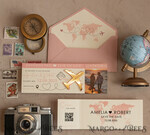 SAVE THE DATES beach travel magnets Pink Blush  golden airplane magnet Save The Date Cards with Photo boardingpass travel airplane save the dates destination wedding magnets12