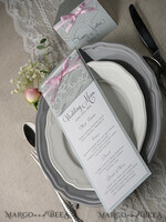 MENU & PROGRAMS rustic and lace Romantic Wedding Menu with Pink Ribbon, Vintage Lace Personalized Menu Cards, Light Grey and Pink Shabby Chic Wedding Menu, Elegant Handmade Wedding Menu Cards5