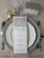 MENU & PROGRAMS rustic and lace Romantic Wedding Menu with Pink Ribbon, Vintage Lace Personalized Menu Cards, Light Grey and Pink Shabby Chic Wedding Menu, Elegant Handmade Wedding Menu Cards5
