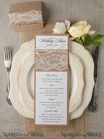 MENU & PROGRAMS rustic and lace Minimalist Brown Wedding Menu, Aesthetic Chic Lace Reception Dinner Menu, Romantic Menu With Burlap Twine, Elegant White And Brown Handmade Wedding Menu Cards  4