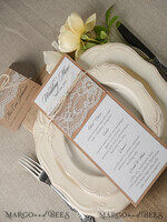 MENU & PROGRAMS rustic and lace Minimalist Brown Wedding Menu, Aesthetic Chic Lace Reception Dinner Menu, Romantic Menu With Burlap Twine, Elegant White And Brown Handmade Wedding Menu Cards  4
