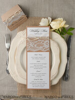 MENU & PROGRAMS rustic and lace Minimalist Brown Wedding Menu, Aesthetic Chic Lace Reception Dinner Menu, Romantic Menu With Burlap Twine, Elegant White And Brown Handmade Wedding Menu Cards  4