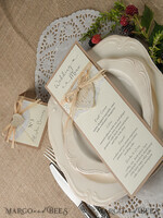 MENU & PROGRAMS rustic and lace Minimalist Brown Wedding Menu, Aesthetic Lace Reception Dinner Menu, Romantic Menu With Wooden Heart, Elegant  Wedding Menu Cards5