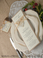 MENU & PROGRAMS rustic and lace Minimalist Brown Wedding Menu, Aesthetic Lace Reception Dinner Menu, Romantic Menu With Wooden Heart, Elegant  Wedding Menu Cards5