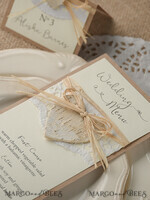 MENU & PROGRAMS rustic and lace Minimalist Brown Wedding Menu, Aesthetic Lace Reception Dinner Menu, Romantic Menu With Wooden Heart, Elegant  Wedding Menu Cards5