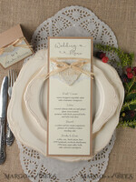 MENU & PROGRAMS rustic and lace Minimalist Brown Wedding Menu, Aesthetic Lace Reception Dinner Menu, Romantic Menu With Wooden Heart, Elegant  Wedding Menu Cards5