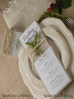 MENU & PROGRAMS rustic and lace Minimalist Brown Wedding Menu, Aesthetic Reception Dinner Menu, Romantic Shabby Chic Menu With Burlap Twine, Elegant Handmade White & Brown Wedding Menu Cards  3