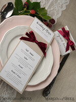MENU & PROGRAMS rustic and lace Minimalist White And Brown Wedding Menu, Unique Aesthetic Reception Dinner Menu, Simple Romantic Menu With Burgundy Ribbon, Elegant Handmade Wedding Menu Cards 4