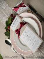 MENU & PROGRAMS rustic and lace Minimalist White And Brown Wedding Menu, Unique Aesthetic Reception Dinner Menu, Simple Romantic Menu With Burgundy Ribbon, Elegant Handmade Wedding Menu Cards 4
