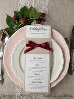 MENU & PROGRAMS rustic and lace Minimalist White And Brown Wedding Menu, Unique Aesthetic Reception Dinner Menu, Simple Romantic Menu With Burgundy Ribbon, Elegant Handmade Wedding Menu Cards 4