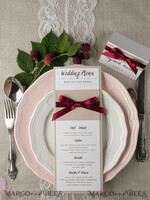 MENU & PROGRAMS rustic and lace Minimalist White And Brown Wedding Menu, Unique Aesthetic Reception Dinner Menu, Simple Romantic Menu With Burgundy Ribbon, Elegant Handmade Wedding Menu Cards 4